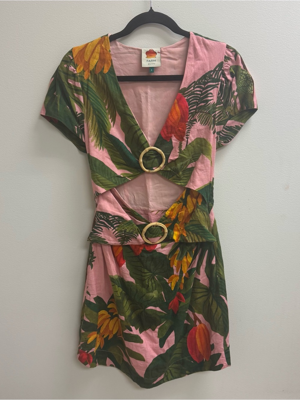 FARM Rio Coco Forest Cut-Out Minidress Pink Green Palm Leaves Tropical Small